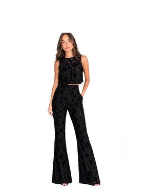 Avec Les Filles Black Lace Two Piece Suit Set Luxe Chic Vest Flared Pants Small